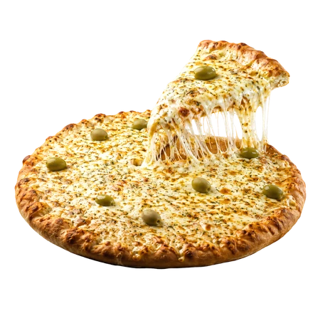 Pizza de queijo com uma fatia sendo retirada